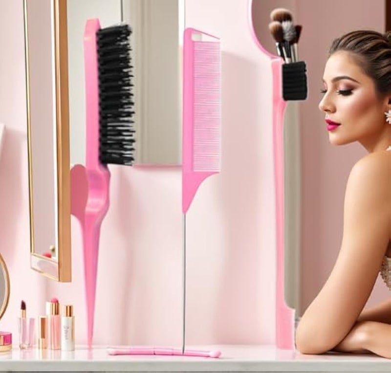 Xiangwenlan Hair Brush Comb Set, Pink,3 Pcs Slick Back Hair Brush Set with Edge Brush, Bristle Brush, Rat Tail Comb, Teasing Brush Set for Smoothing Baby Hair & Flyaways - Pink. - Image 4