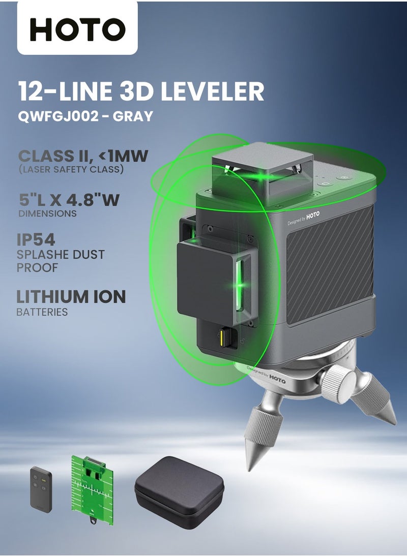 HOTO Laser Level Self-Leveling 3x360°, Green Laser Level Tool for Picture Hanging, Construction Work, 12 Straight Cross Lines, Remote Controller, Mini Tripod, IP54 Dustproof & Splashproof  - Image 1