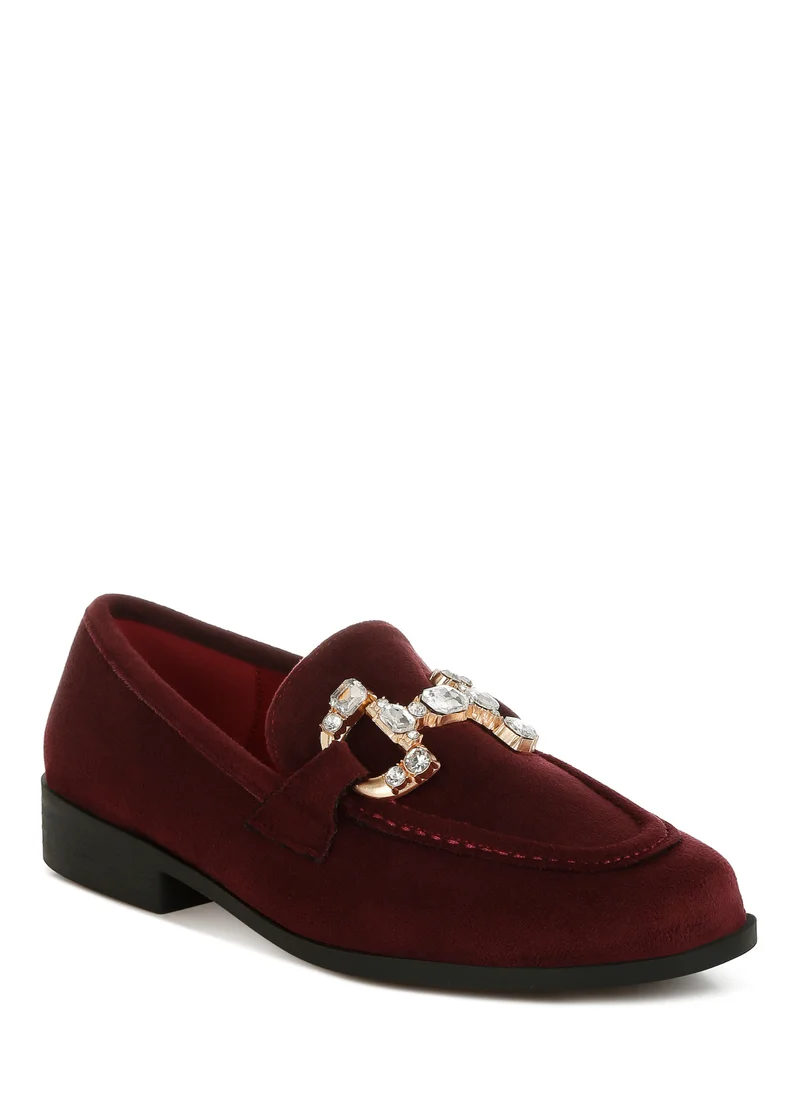 London Rag Diamante Embellished Horsebit Loafers in Burgundy