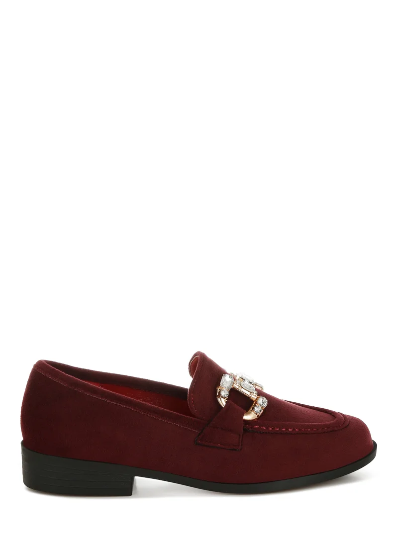 London Rag Diamante Embellished Horsebit Loafers in Burgundy