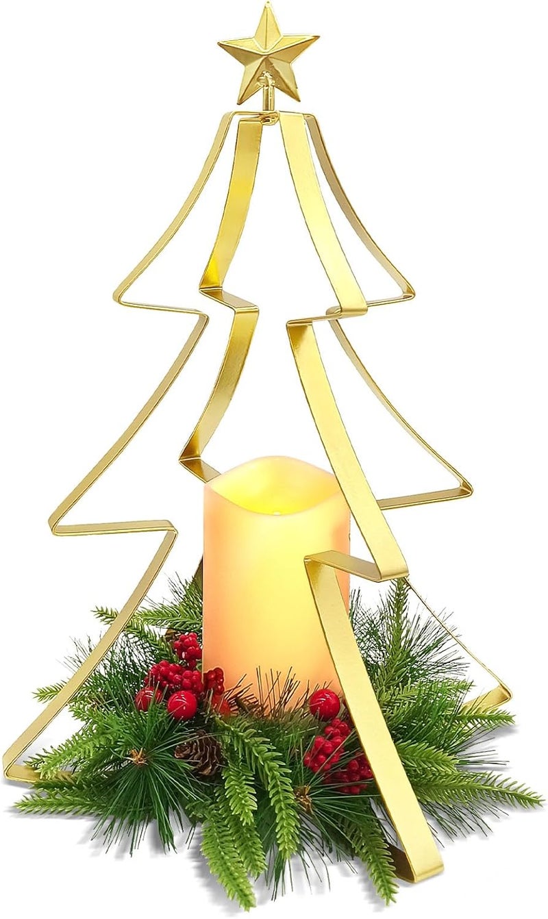 SUNNYPARK Christmas Table Centerpiece Decorations, Metal Christmas Tree Candle Holder with Battery Operated Candle Light Artificial Red Berries Pinecones Xmas Decor for Home Farmhouse Party - Image 1