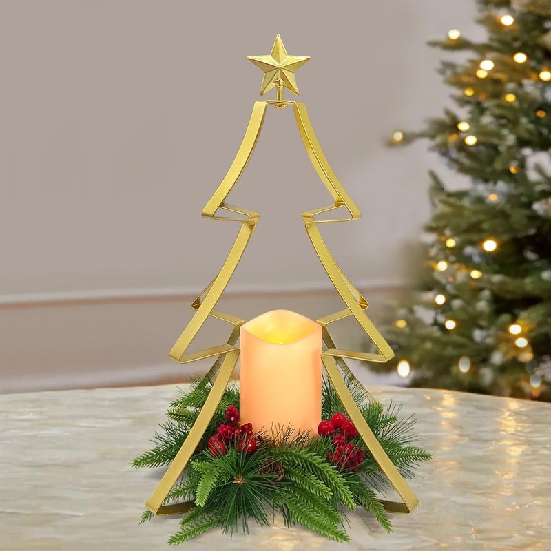 SUNNYPARK Christmas Table Centerpiece Decorations, Metal Christmas Tree Candle Holder with Battery Operated Candle Light Artificial Red Berries Pinecones Xmas Decor for Home Farmhouse Party - Image 2