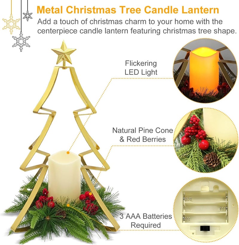 SUNNYPARK Christmas Table Centerpiece Decorations, Metal Christmas Tree Candle Holder with Battery Operated Candle Light Artificial Red Berries Pinecones Xmas Decor for Home Farmhouse Party - Image 4