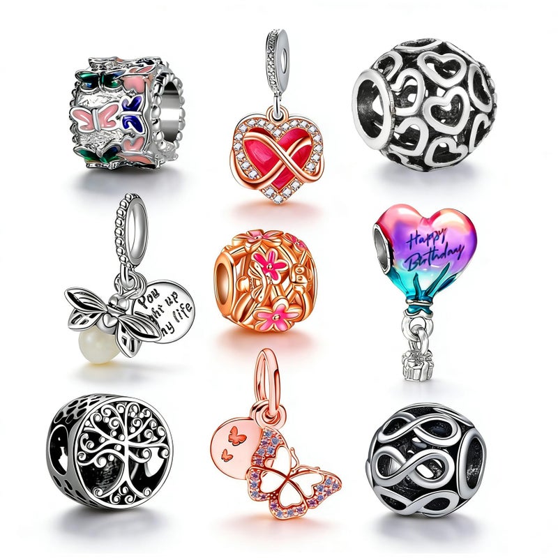 Acrobious 9PCS European Charms Beads Pendant For Bracelet, Charms DIY Bracelets Necklace Jewellery Gift for Birthday Valentine's Day Party Christmas Mother's Day Gold Heart Butterfly Flower firefly balloon Tree of Life - Image 1