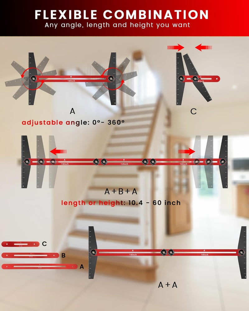 TANYO Stair Tread Template Tool, 8" to 60" Aluminum Stair Tread Jig for Accurately Measuring Angle, Length & Depth. Precision Stair Gauge Measuring Tool for Stairs, Floor, Cabinets - Image 2