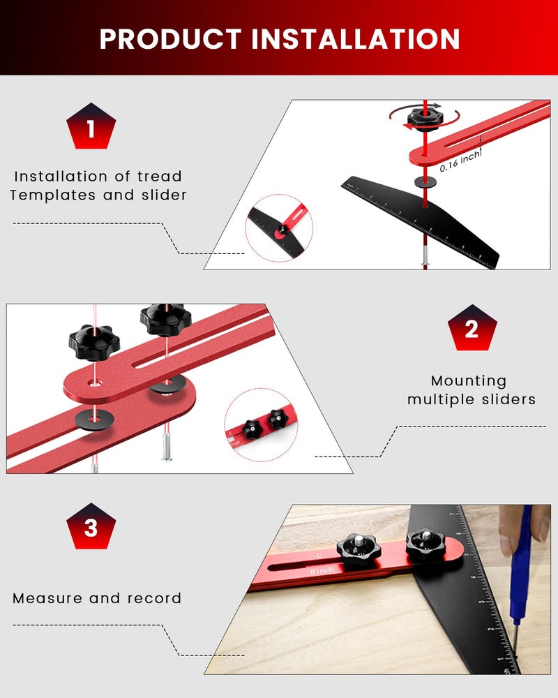 TANYO Stair Tread Template Tool, 8" to 60" Aluminum Stair Tread Jig for Accurately Measuring Angle, Length & Depth. Precision Stair Gauge Measuring Tool for Stairs, Floor, Cabinets - Image 3