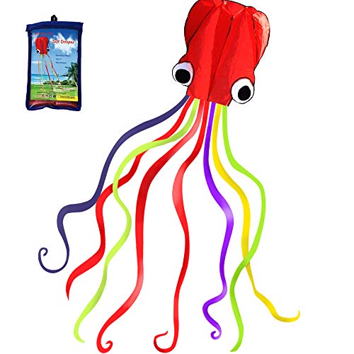 Hengda Kite Software Octopus Flyer Kite with Long Colorful Tail for Kids 31Inch Wide x 157Inch Long Large Red - Image 1