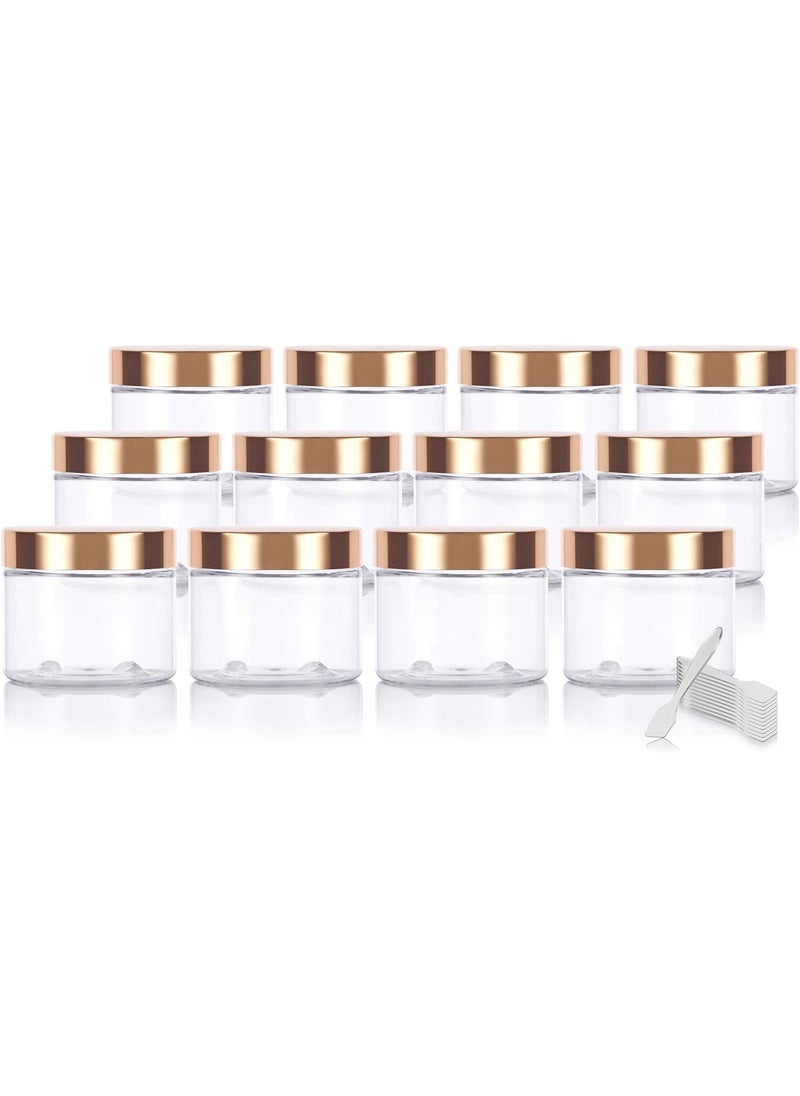 JUVITUS (12 Pack) 6 oz Clear PET Plastic Jar with Gold Metal Overshell Lid + Spatulas 