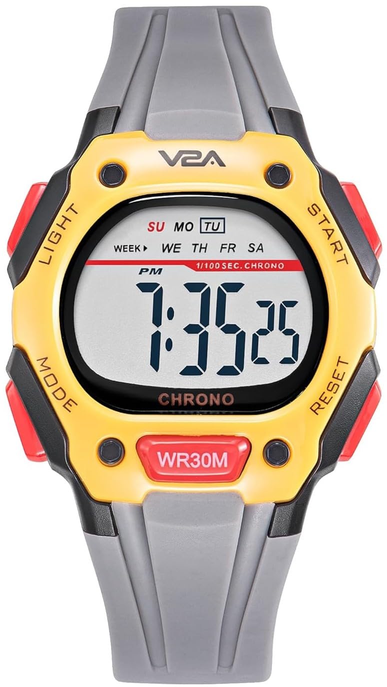 V2A Digital Resin Band Watch for Boys– Kids Between 4 to 14 Years of Age Multi-Functional 30 M Waterproof Digital Sports Resin Band Watches for Boys | (Yellow Case and Grey Band) - Image 1