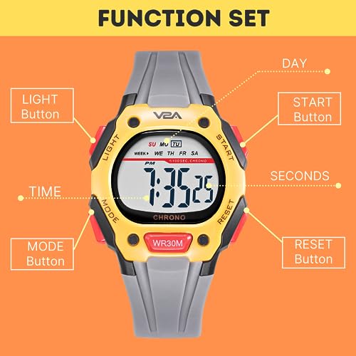 V2A Digital Resin Band Watch for Boys– Kids Between 4 to 14 Years of Age Multi-Functional 30 M Waterproof Digital Sports Resin Band Watches for Boys | (Yellow Case and Grey Band) - Image 5
