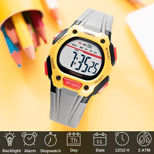 V2A Digital Resin Band Watch for Boys– Kids Between 4 to 14 Years of Age Multi-Functional 30 M Waterproof Digital Sports Resin Band Watches for Boys | (Yellow Case and Grey Band) - Image 2