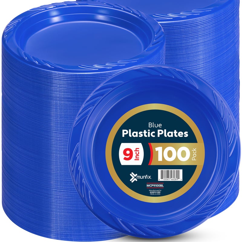 Munfix 100 Blue Plastic Plates Set - 9 Inch Plastic Dinner Plates  Disposable Plates Bulk Pack  Party Plates for BBQ  Picnic  Parties  Travel and Events  Microwavable Recyclable - Image 1