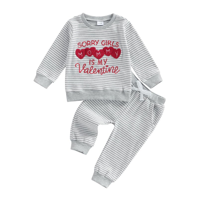 Kuriozud Toddler Baby Boy Clothes Outfit Valentines Day Sweatshirt Shirt+Waffle Knit Pant Set Clothing Spring Fall Winter (Gray Sorry Girls,Mommy is My Valentine, 0-6 Months) - Image 1