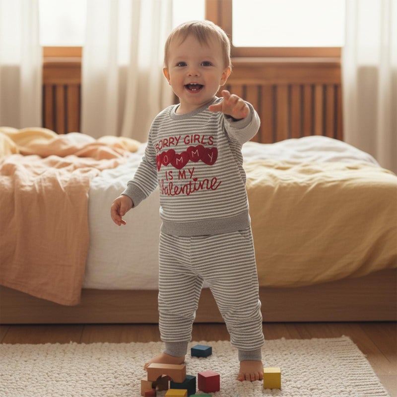 Kuriozud Toddler Baby Boy Clothes Outfit Valentines Day Sweatshirt Shirt+Waffle Knit Pant Set Clothing Spring Fall Winter (Gray Sorry Girls,Mommy is My Valentine, 0-6 Months) - Image 3