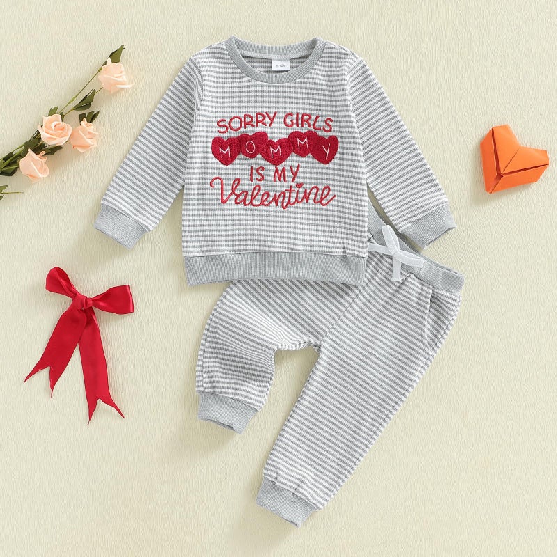 Kuriozud Toddler Baby Boy Clothes Outfit Valentines Day Sweatshirt Shirt+Waffle Knit Pant Set Clothing Spring Fall Winter (Gray Sorry Girls,Mommy is My Valentine, 0-6 Months) - Image 4