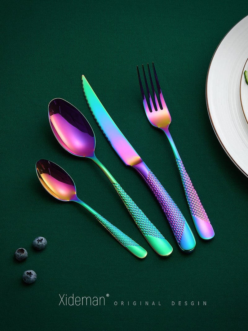 Xideman 16-Piece Modern Hammered Rainbow Silverware Set with Ultra Sharp 2-IN-1 Serrated Knife, 18/10 Stainless Steel Iridescent Flatware Set Service for 4, Luxury Cutlery Set, Forks Spoons Knives Set - Image 2
