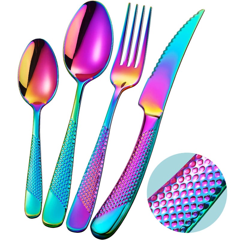 Xideman 16-Piece Modern Hammered Rainbow Silverware Set with Ultra Sharp 2-IN-1 Serrated Knife, 18/10 Stainless Steel Iridescent Flatware Set Service for 4, Luxury Cutlery Set, Forks Spoons Knives Set - Image 1