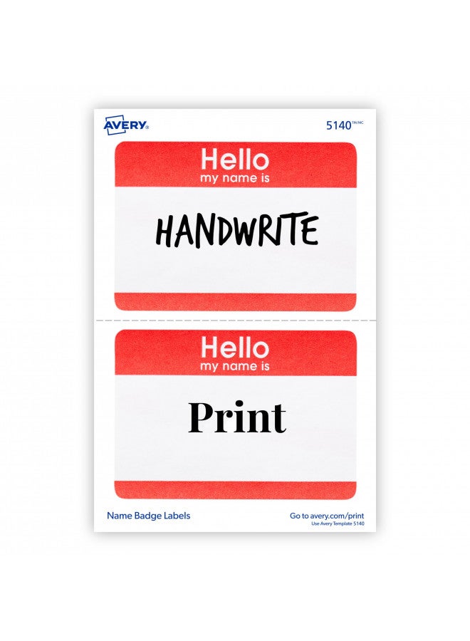 Avery Hello My Name is Name Tags, White with Red Border, 100 Removable Name Badges (05140)