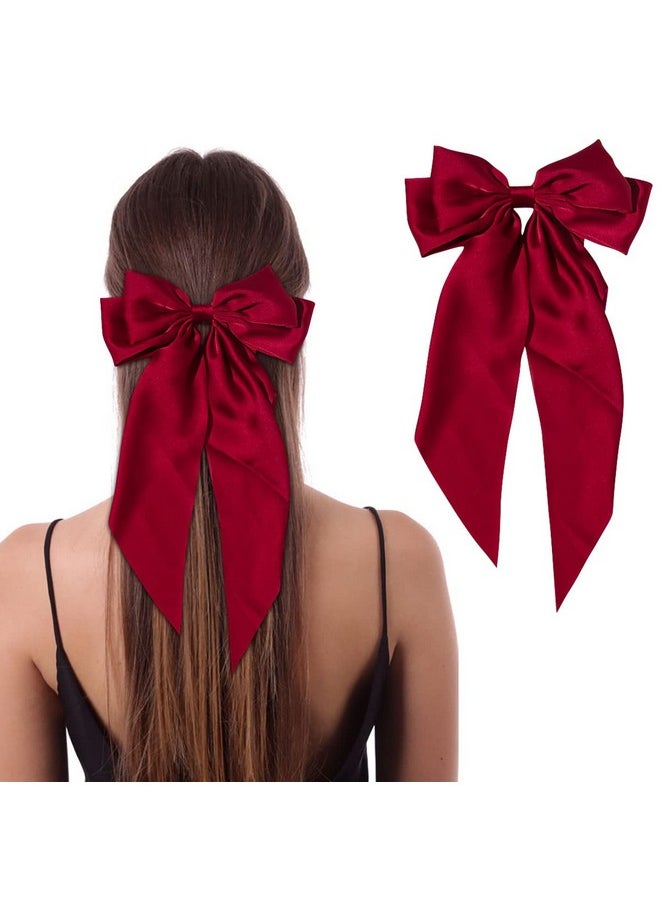 AEGYPIUS - Silky Bow Hair Barrettes Jumbo Bow Clip With Tails Hair Bow Clip For Woman Girls Satin Hair Barrettes Clip Large Bow Hair Slides French Barrette Long Tail Bowknot Hairpin Hair Pins Accessories (Red) - Image 1
