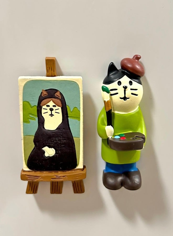 Gwindrise Decorative Cat Artist Fridge Magnets, Adorable Figurine Kitchen Magnets, Funny Gifts for Cat Lovers, Cute Kitchen Decor, 2-Piece Set Refrigerator Magnets - Image 1
