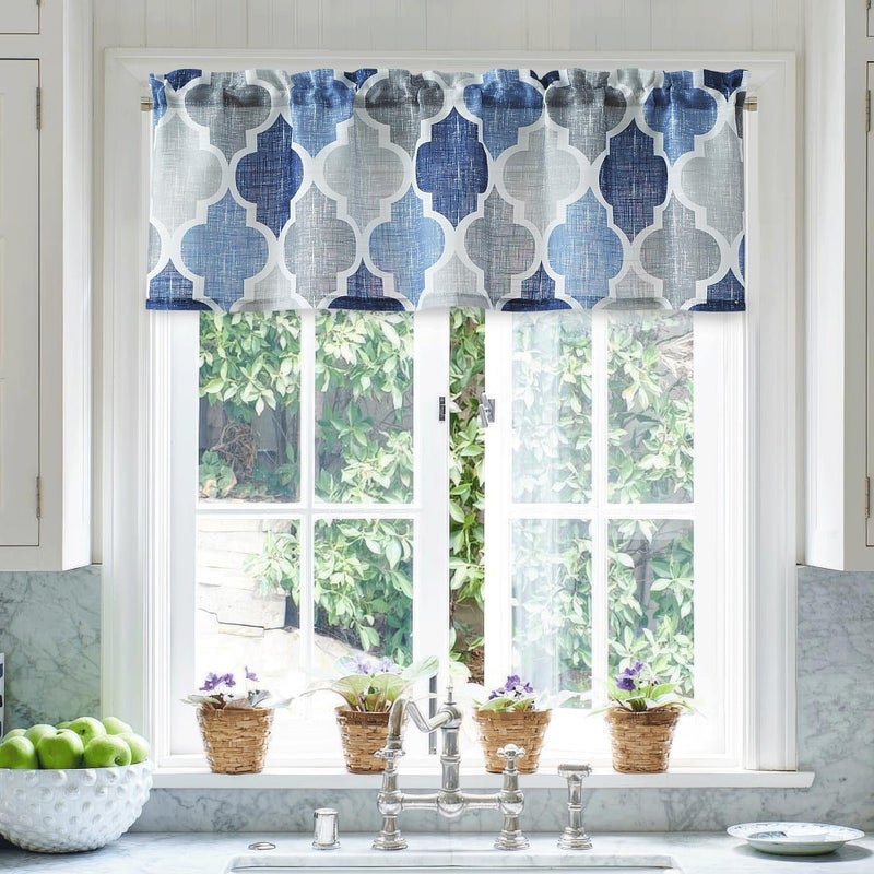 Beauoop Semi Sheer Valance Curtains Moroccan Tile Print Valance Quatrefoil Linen Texture Rod Pocket Small Curtains for Kitchen Cafe Bathroom Window Treatment Set 50 x 18 Inch BlueGrey 1 Panel