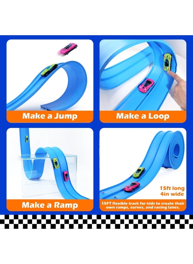 ألعاب مضمار السباق المرن للأطفال: مسار منحدر سيارة السباب المرن طوله 15 قدمًا مع أكواب شفط - يمكن لفه مضمار سباق محمول DIY متوافق مع سيارات الدي كاست مقياس 1/64 - هدايا عيد الميلاد للأولاد والبنات أعمار 3+ - Image 4