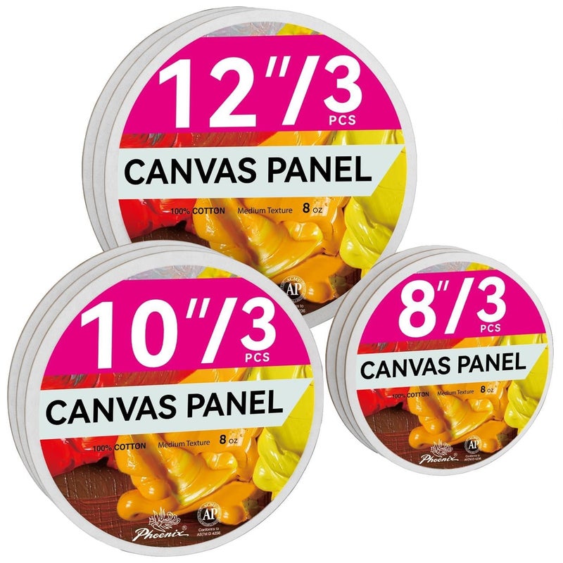 PHOENIX Round Canvas Painting Boards - 8 10 12 Inch/ 3 Pack Each - 9 PK Circle Canvas Boards for Painting - 100% Cotton Flat Triple Primed Blank Canvas for Oil, Acrylic Painting & Crafts - Image 1