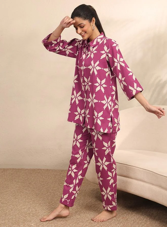 Libas Burgundy Floral Print Shirt and Pants Set