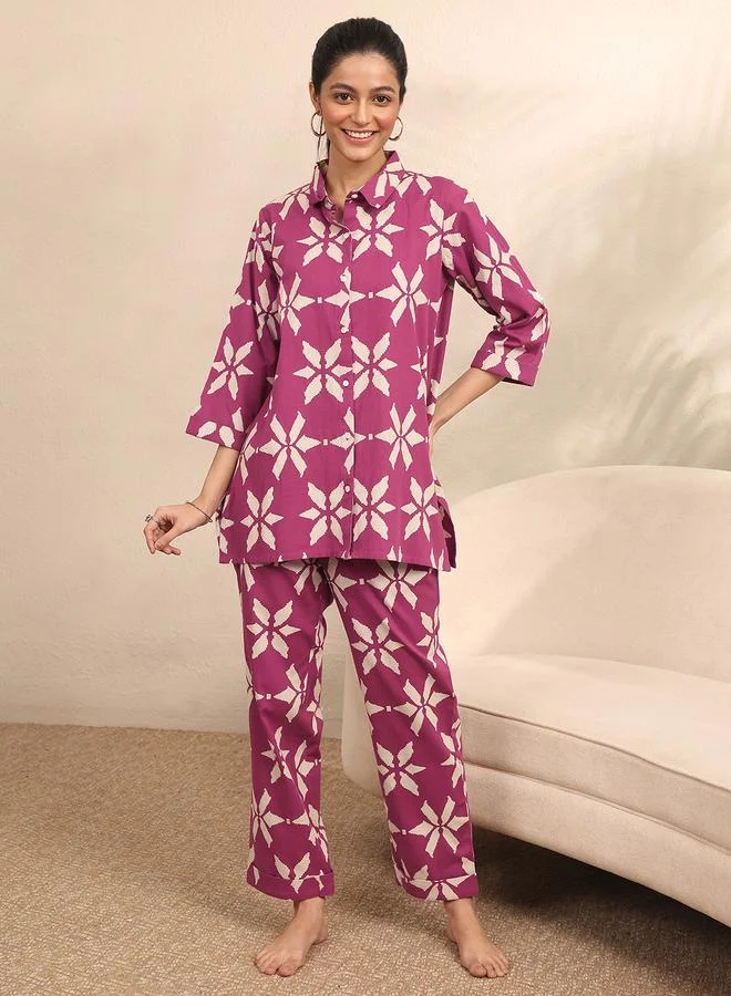 Libas Burgundy Floral Print Shirt and Pants Set