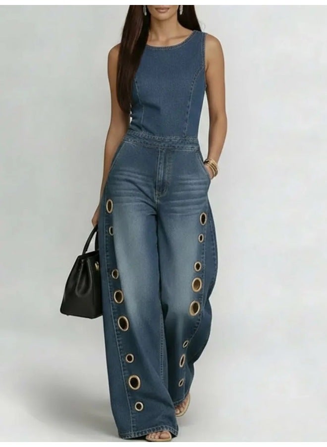 New High-Waisted Loose Hollow Metal Eyelet Denim Jumpsuit