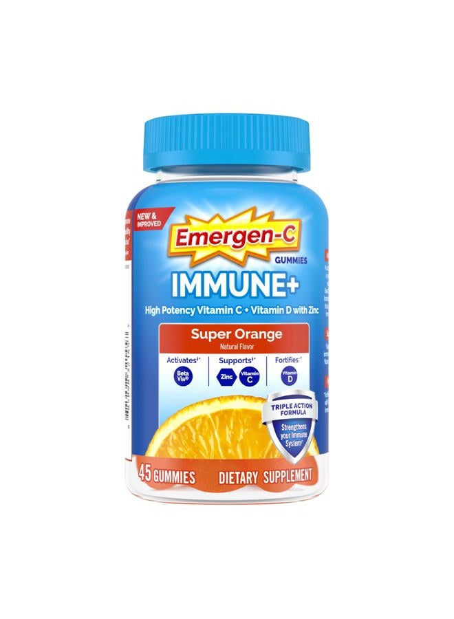 Emergen-C Immune+ Immune Gummies, Vitamin D plus 750 mg Vitamin C, Immune Support Dietary Supplement, Caffeine Free, Gluten Free, Super Orange Flavor - 45 Count - Image 1