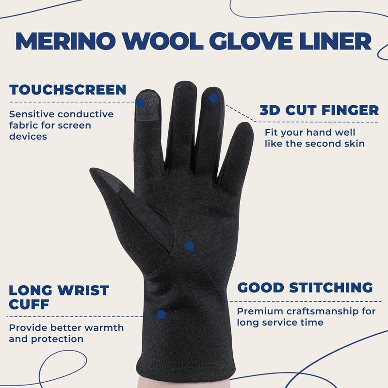 ACUSHLA 100% Merino Wool Touch Screen Lightweight Base Layer Ski Inner Glove for Men and Women - Image 5