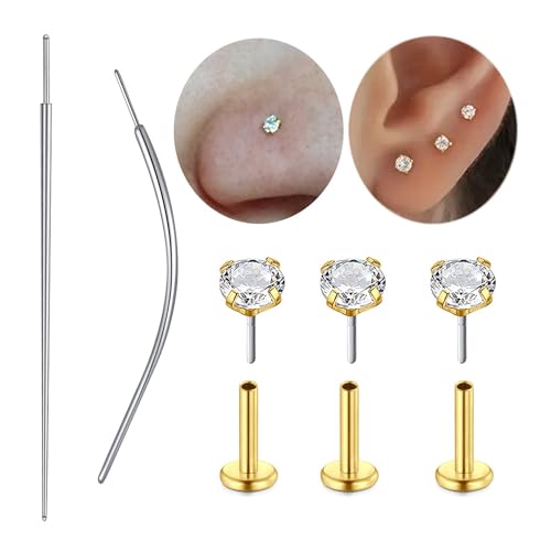 QWALIT 18g Threadless Nose Stud Flat Back Nose Studs Flatback Cartilage Earring Threadless Flat Back Earrings Push in Nose Rings with Backs Piercing Taper Insertion Tool Piercing Changing Tool - Image 1