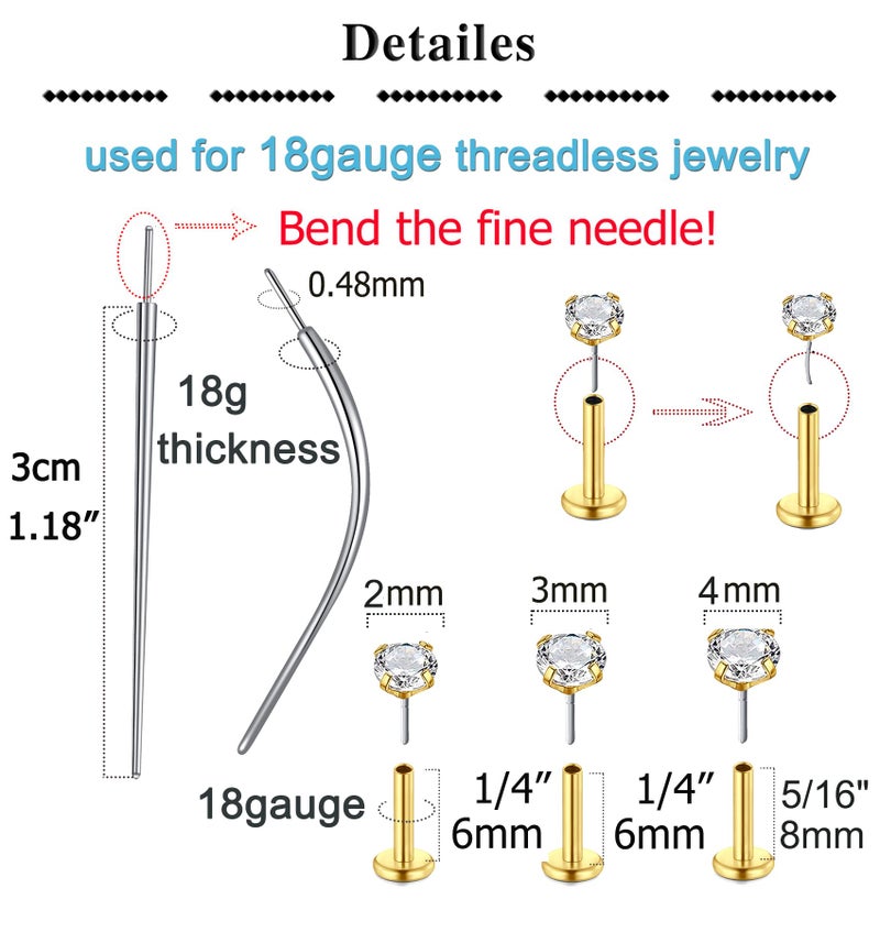 QWALIT 18g Threadless Nose Stud Flat Back Nose Studs Flatback Cartilage Earring Threadless Flat Back Earrings Push in Nose Rings with Backs Piercing Taper Insertion Tool Piercing Changing Tool - Image 2