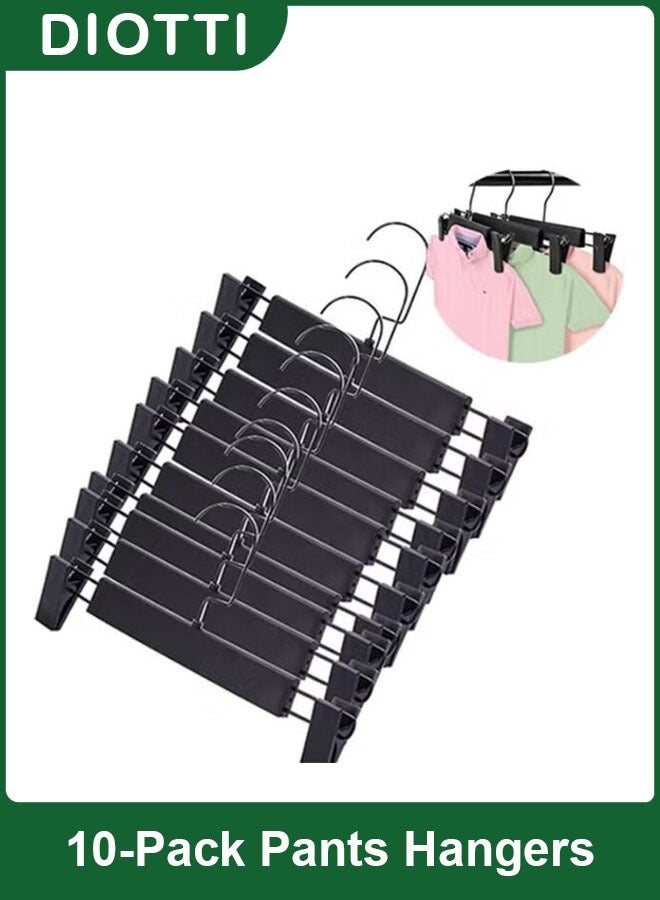 ديوتي مجموعة من 10 شماعات ملابس بلاستيكية مع مشابك، شماعات ملابس بلاستيكية مع خطافات دوارة 360 درجة، مشابك قابلة للتعديل غير قابلة للانزلاق للتنانير والسراويل القصيرة والسراويل والمزيد (أسود) - Image 1