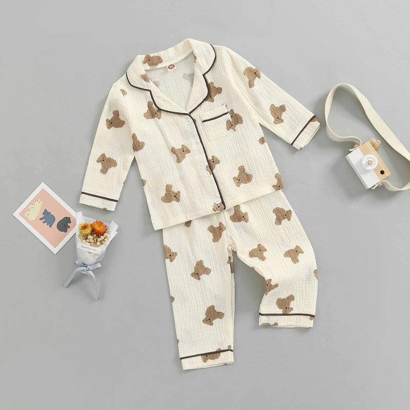 BULINGNA Kids Toddler Girl Boy Two Piece Pajamas Set Long Sleeve Button Down Pajama Shirt Top Long Pants Bear Sleepwear Pjs Set (Apricot, 2-3T) - Image 2