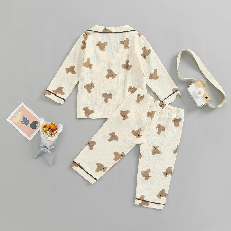 BULINGNA Kids Toddler Girl Boy Two Piece Pajamas Set Long Sleeve Button Down Pajama Shirt Top Long Pants Bear Sleepwear Pjs Set (Apricot, 2-3T) - Image 3