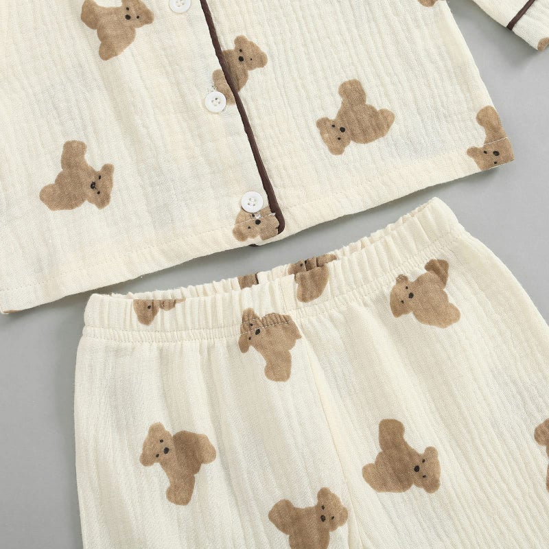 BULINGNA Kids Toddler Girl Boy Two Piece Pajamas Set Long Sleeve Button Down Pajama Shirt Top Long Pants Bear Sleepwear Pjs Set (Apricot, 2-3T) - Image 5