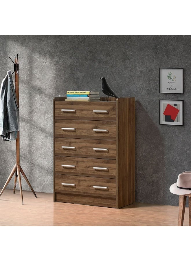 DANUBE HOME صدر فخم من 5 أدراج - وحدة تخزين خشبية عصرية لغرفة النوم، غرفة المعيشة، المدخل - صندوق أدراج أنيق للملابس، الألعاب، المكتب، تنظيم المنزل - جوز فاتح - Image 1