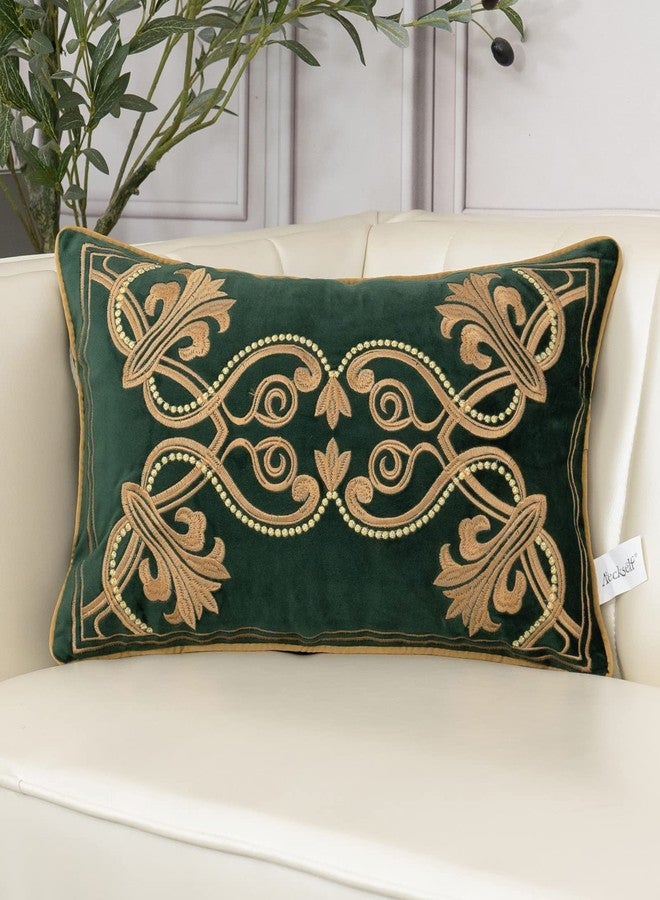 Aeckself European Luxury Velvet Lumbar Throw Pillow Cover 12 x 20 Inch, Embroidery Floral Pillow Cover Home Decor Oblong Pillowcase for Couch Bedroom Living Room, Dark Emerald Green and Gold - Image 1