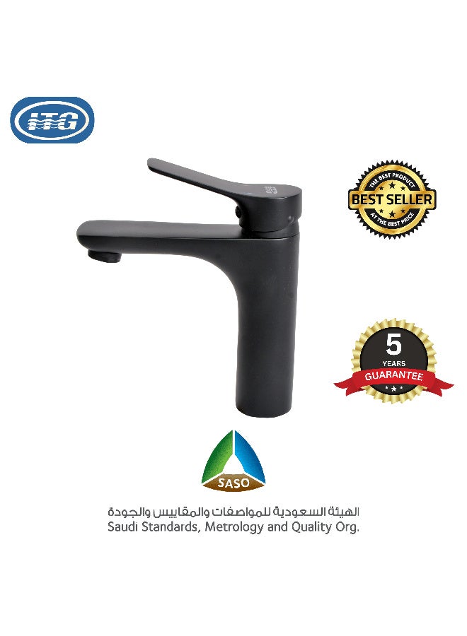 ITG Matte Black Bathroom Sink Faucet, Single Lever Basin Mixer Tap, Hot and Cold Water Mixer, Durable Brass, Anti-Rust Finish, Modern Design, Long Lasting, SASO Certified, 5-Year Warranty - Image 1