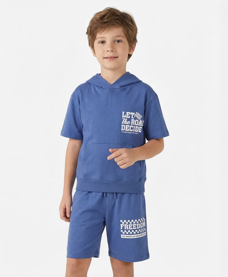 Primo Gino Primo Gino 100% Cotton Drop Shoulder Oversized Race Theme HD Printed Half Sleeves Hooded T-Shirt & Shorts Co-ord Set - Blue