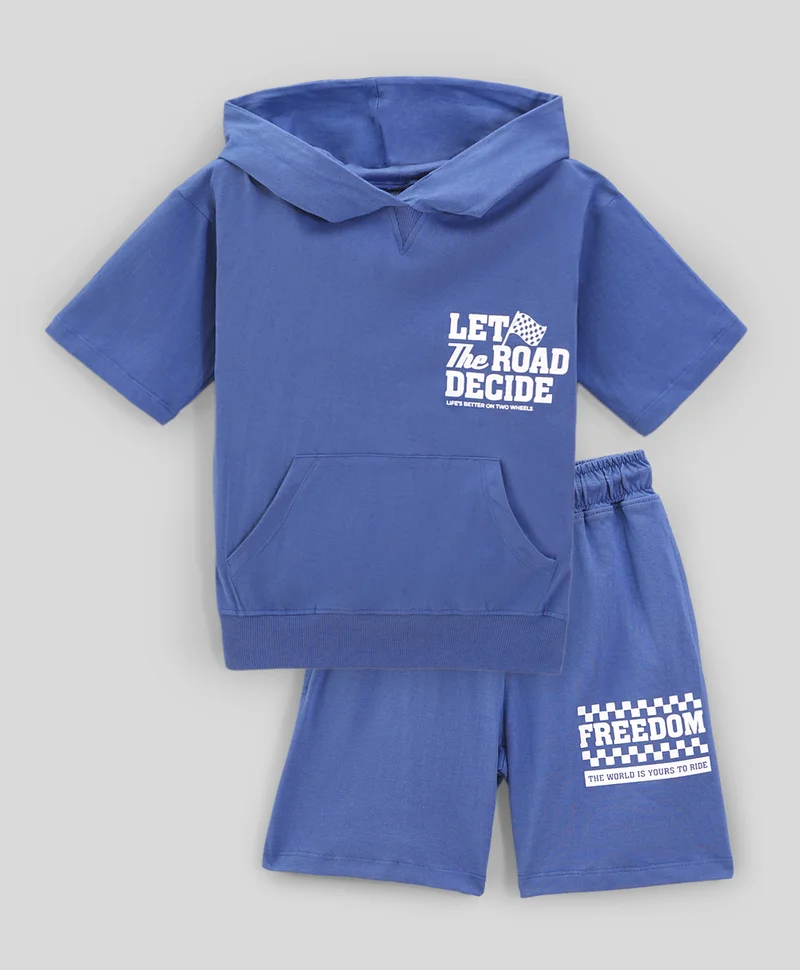 Primo Gino Primo Gino 100% Cotton Drop Shoulder Oversized Race Theme HD Printed Half Sleeves Hooded T-Shirt & Shorts Co-ord Set - Blue