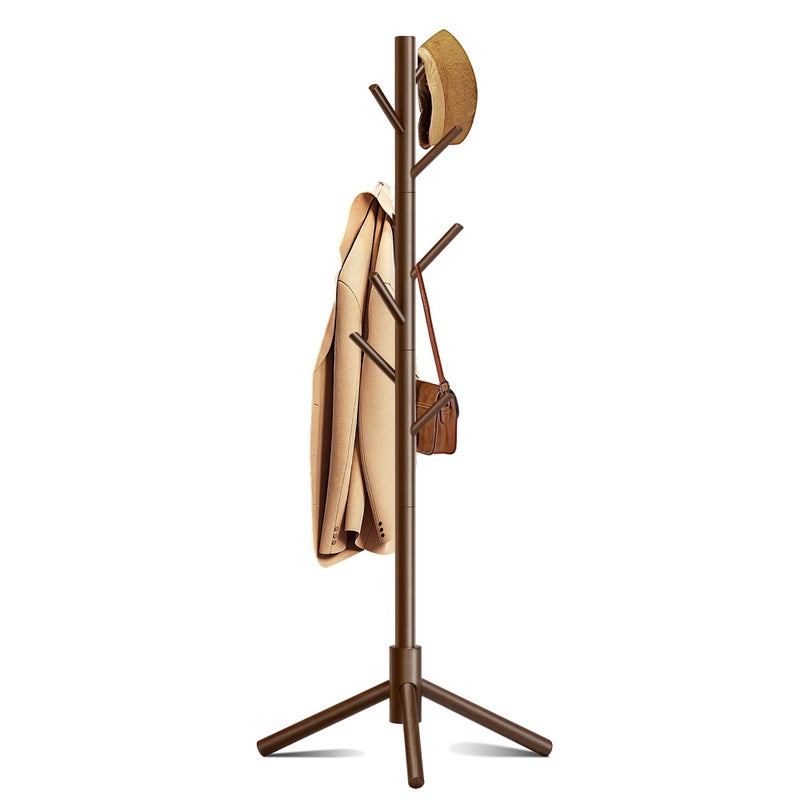 Azaeahom Coat Rack, Coat Racks Freestanding with 8 Hooks 3 Adjustable Heights for Clothes, Hats, Handbags, Coat Tree Easy Assembly for Entryway, Bedroom, Hallway, Office(Brown) - Image 1