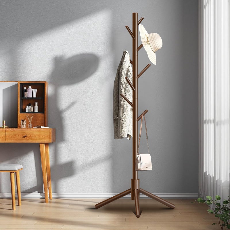 Azaeahom Coat Rack, Coat Racks Freestanding with 8 Hooks 3 Adjustable Heights for Clothes, Hats, Handbags, Coat Tree Easy Assembly for Entryway, Bedroom, Hallway, Office(Brown) - Image 2