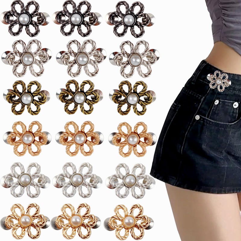 YOOHUA 18Sets Flower Jeans Button Pant Waist Tightener, Adjustable Waist Buckle Sets No Sew and No Tools Detachable Decorative Waist Buckles, Jean Buttons Pins for Loose Jeans, Pants, Skirts (No Sew) - Image 1