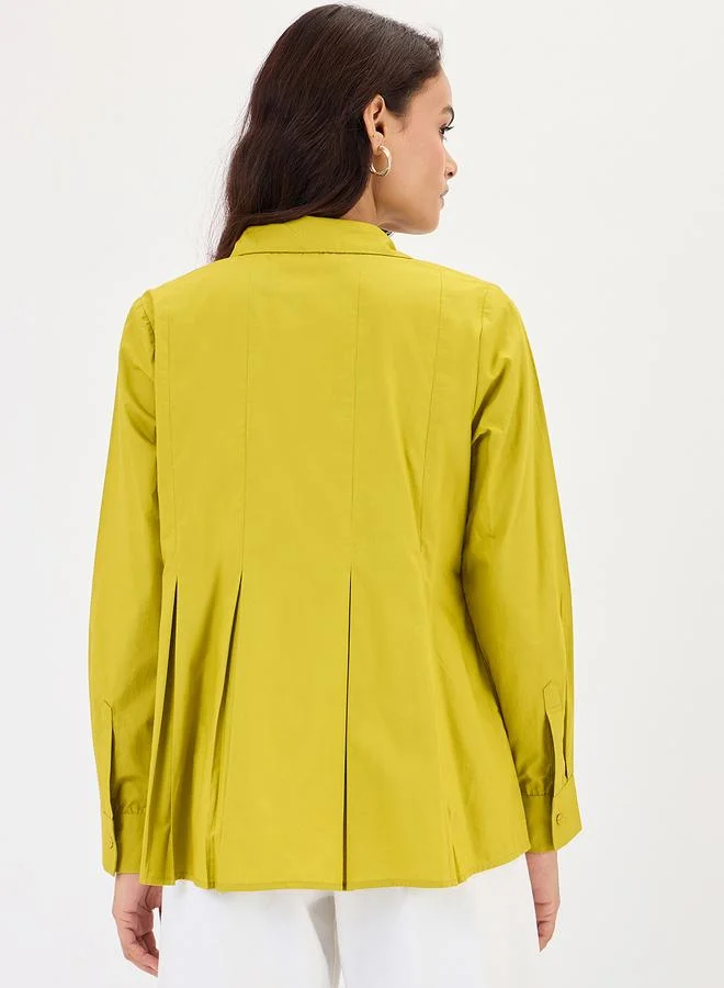 Femmella Citrine Green Poplin Pleated A-Line Shirt