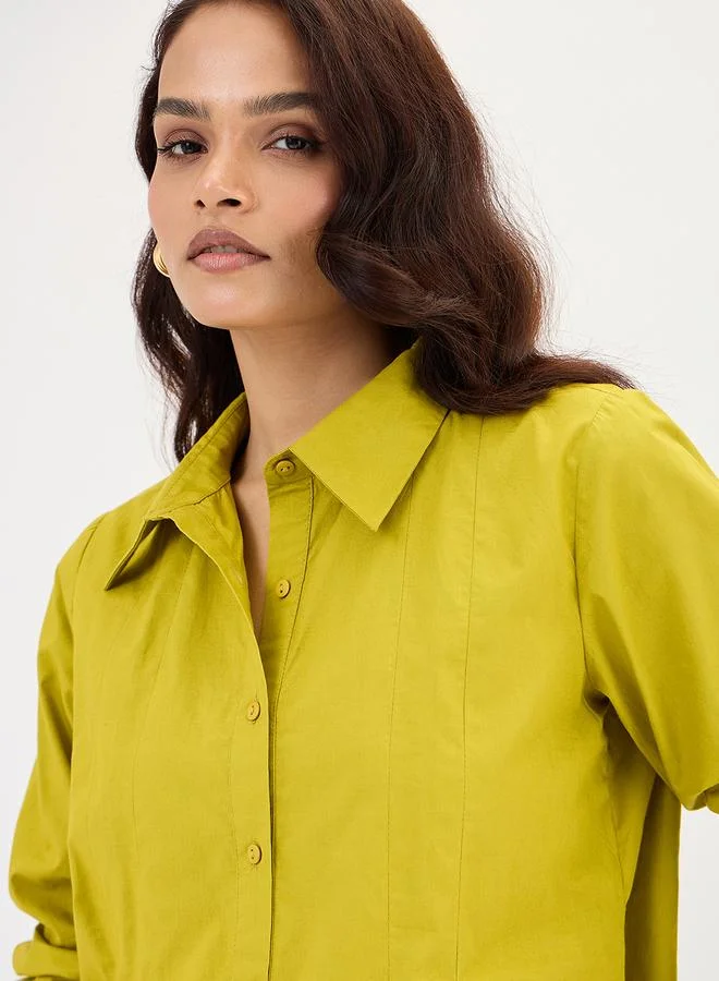 Femmella Citrine Green Poplin Pleated A-Line Shirt