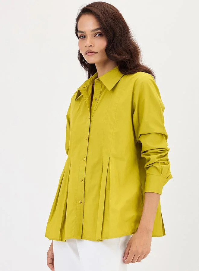 Femmella Citrine Green Poplin Pleated A-Line Shirt