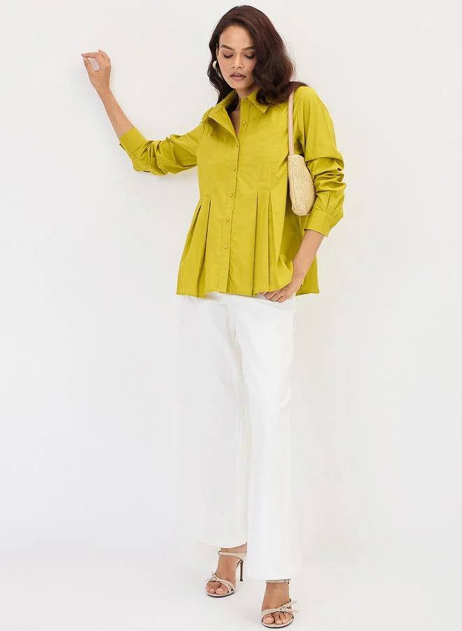 Femmella Citrine Green Poplin Pleated A-Line Shirt